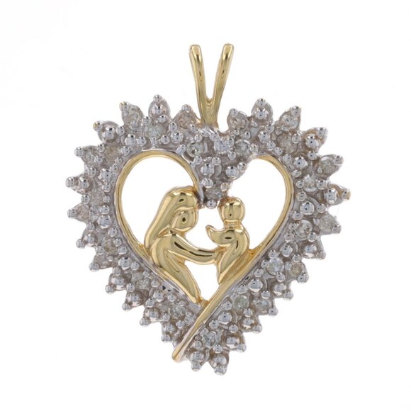 Yellow Gold Diamond Mother & Child Pendant 10k SingleCt .20ctw Family Love Heart